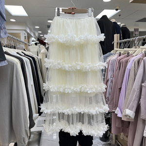Nouvelle arrivée printemps mode dame taille élastique <span class=keywords><strong>en</strong></span> cascade volants fleur déco Sexy <span class=keywords><strong>Tulle</strong></span> maille longue <span class=keywords><strong>Beige</strong></span> noir jupes - Product Image 5