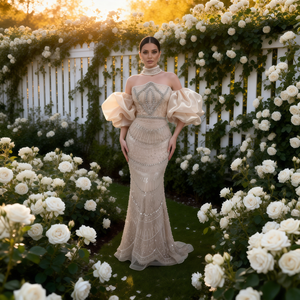 Vestidos de Fiesta Largos de Talla Grande con Cuello Halter, Adornos de Flores y Diamantes, Tela de Organza, Estilo Imperio, Plumas Brillantes - Product Image 5