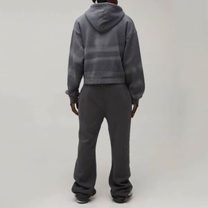 Winter Dark Grey Faded <b>Printed</b> Small Logo Cropped Zip <b>Hoodie</b> Flare Sweatpants Custom Men Two-Piece 100% Cotton Sweatsuit - Product Image 2