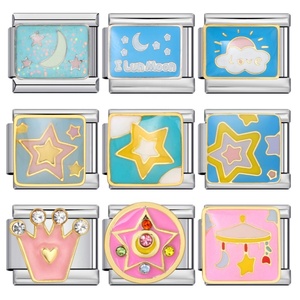 Abalorios Modulares Estilo Nomination con Temática de Cielo de Dibujos Animados en Tonos Pastel, con Incrustaciones de Cristal de Colores, Estrella, Luna, Corona y Carrusel, de 9mm, para Pulseras DIY - Product Image 1