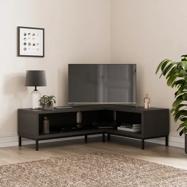 Corner TV Stand for TVs up to 60" ,Open TV Unit for Living Room with Open Shelves Metal Legs, L Shape Modern TV Table