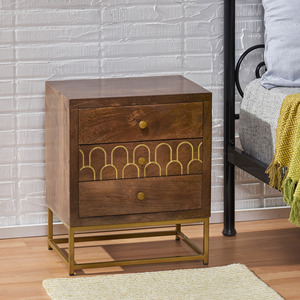 Wood <b>Night</b> <b>Stand</b> With Gold Base And Decorative Drawer Design For Bedroom Storage - Product Image 3