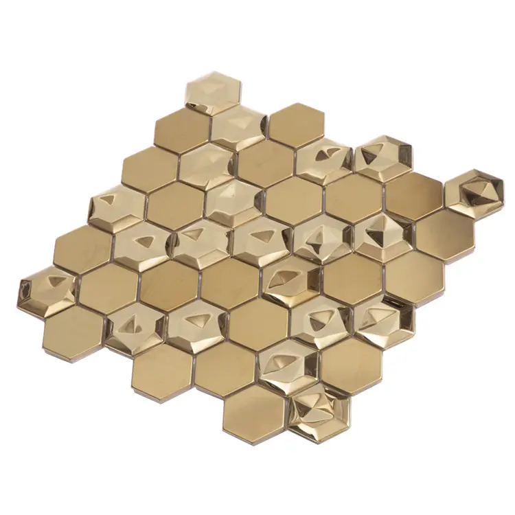 Moderne Decoratie 24K Brons Koper Onregelmatige Aluminium Hexagon Golden 3d Metaal Roestvrij Staal Mozaïek Wandtegels