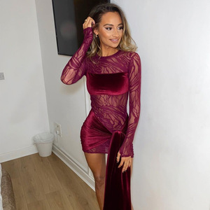 Women's Sexy See Through Dress Long Sleeve O Neck Bodycon Mini Skirt With Slit Velvet Panel Fashion Evening Wear - Product Image 1