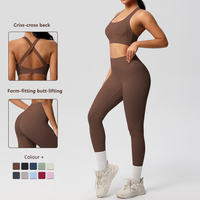 Set Yoga Grosir 2 Potong Bra Olahraga Tali Belakang Legging Pinggang Tinggi Pengangkat Bokong Cepat Kering Bernapas Pakaian Olahraga Aktif untuk Gym