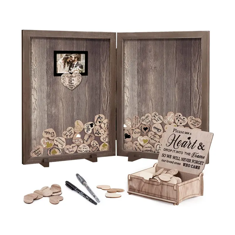 unique design durable wooden wedding guest book wood photo frame drop box wedding decoration