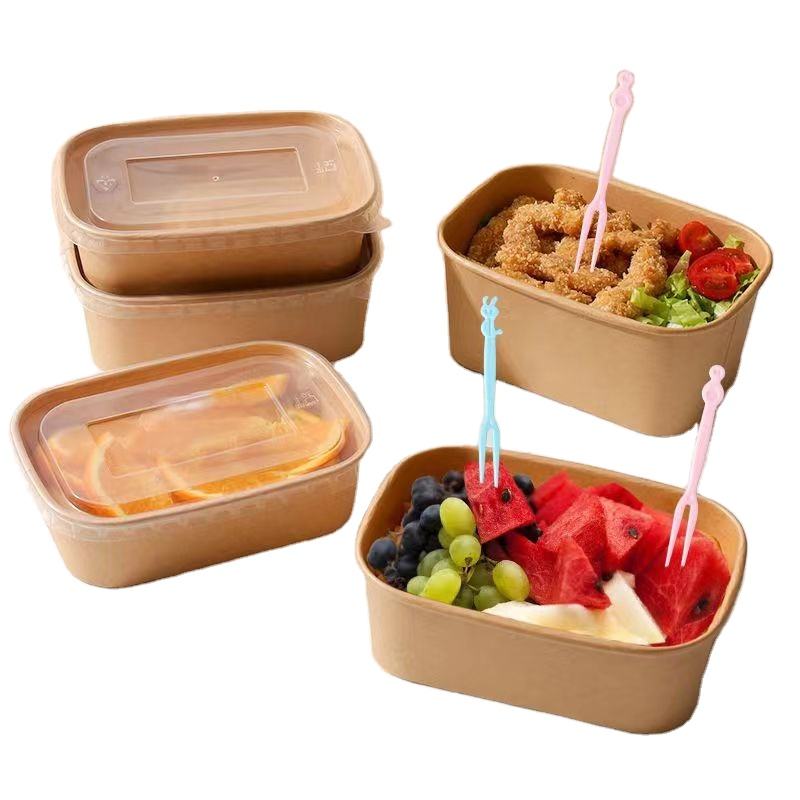Wholesale Biodegradable Microwave Safe Food-Grade Disposable Rectangular Kraft Paper Plate Bowl Set Lid for Take-Out Salad