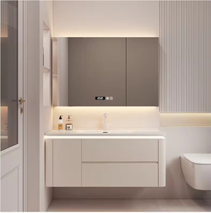 Mueble de Baño Moderno de Madera Suspendido en la Pared, Color <span class=keywords><strong>Blanco</strong></span> Crema, de 70-120 cm, con Lavabo de Cerámica Integrado y Espejo con Gabinete LED Inteligente - Product Image 3