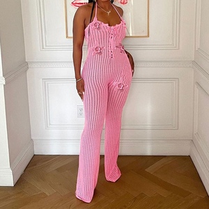 Combinaison tricotée ajourée sexy à col licou pour femme, motif floral, tendance - Product Image 1