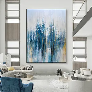100% Handmade Blue Gold Large Thick Texture Wall Decor Contemporary Industrial Style Abstract Art Painting