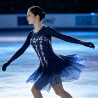 Robe de patinage artistique bleu marine à manches longues, jupe en mousseline de soie avec strass au dos rond, costume de performance pour compétition de patinage, sur mesure