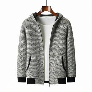 Pull à capuche zippé pour homme en laine acrylique tricoté épais à rayures, manches longues, pour l'automne - Product Image 1