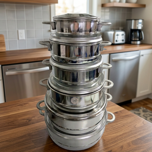Ensemble de 6 casseroles vapeur modernes en acier inoxydable Anax avec couvercles empilables pour la préparation des aliments en cuisine de restaurant - Product Image 4