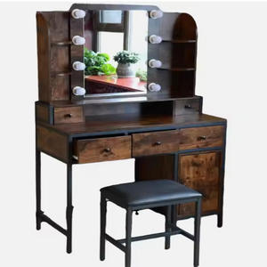 Coiffeuse moderne à <span class=keywords><strong>3</strong></span> tiroirs avec miroir éclairé, tabouret rembourré plus large, beaucoup <span class=keywords><strong>de</strong></span> rangement, ensemble <span class=keywords><strong>de</strong></span> coiffeuse pour hôtels, salle à manger, en bois - Product Image 1