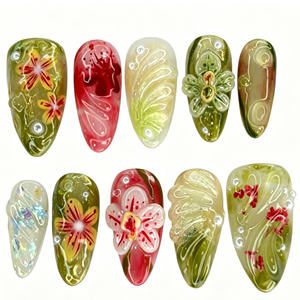 <span class=keywords><strong>Faux</strong></span> ongles à presser de luxe en amande, 24 pièces, motif floral 3D, kit d'emballage pour la revente en gros et les entreprises - Product Image 2