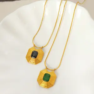 OUDIANYA JEWELRY XL59 French Peplum Square Pendant Necklace 18k Gold Vintage Style Geometric Inlaid Glass Stone Necklace