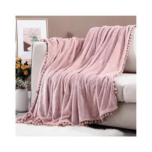 耐用美妙的固体设计温暖厚实针织粉色扔毛毯，带绒球流苏