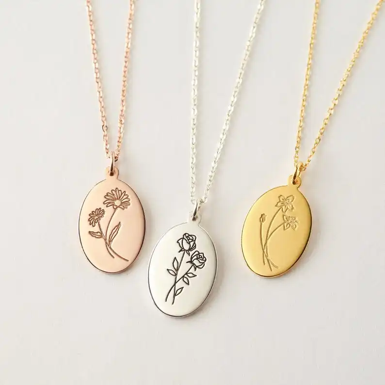 Flower Jewelry 2020 Fashion Design Custom 18k Gold Plated OVal Pendant Engraved 12 Birthflower Necklace For Women Men