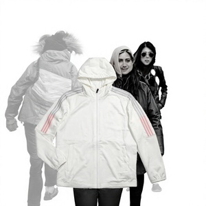 <b>White</b> Hooded Zip-Up Sport <b>Jacket</b> With Pink Stripes On Sleeves Breathable Polyester Unisex Spring Outerwear - Product Image 2