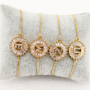 BC1164 2025 Design Wholesale 18k Gold Plated Micro Zircon Pave Round Cz <strong>Initial</strong> Letter Adjustable Chain Charm <strong>Bracelet</strong> - Product Image 2