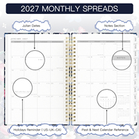 Agenda en spirale A5 2027, motif floral, avec bande élastique, index mensuels, carnet de notes de haute qualité, écriture facile