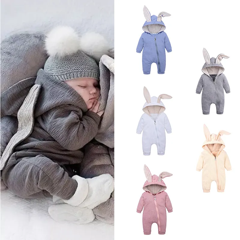 Toddlers Rabbit Ears Cotton Jumpsuit Newborn Bunny Ear Long Sleeves Hooded Playsuit Clothes Pullover Onesie Rompers Baby Romper