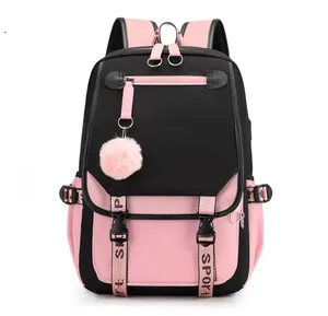 बड़े स्कूल बैग किशोर लड़कियों के लिए यूएसबी पोर्ट कैनवास बस्ता छात्र किताब बैग फैशन काले गुलाबी किशोर स्कूल backpqck