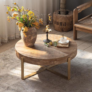 Solid Wood Coffee <b>Table</b> Round Retro Distressed Finish Metal Legs Living Room <b>Balcony</b> Use - Product Image 3