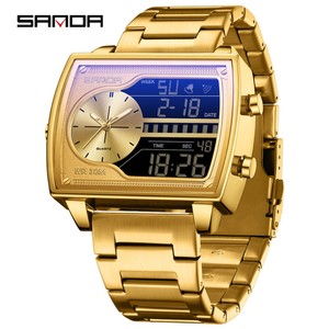 SANDA 6163 นาฬิกาผู้ชายนาฬิกาข้อมือดิจิตอลแบบอะนาล็อกสองเวลา, 3 โซนเวลา, นาฬิกาปลุก, ส่องสว่าง, นาฬิกากีฬาธุรกิจกันน้ำ 30M - Product Image 1