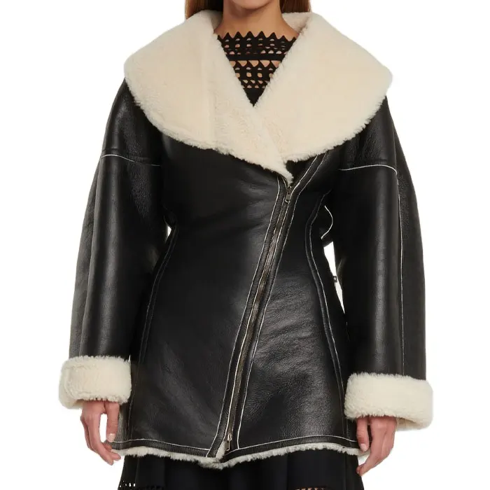 Fashion drop shoulder fur collar wrap two way zip front cinched waist shearling and leather coat