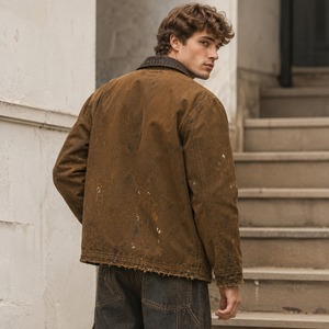 Chaqueta de Trabajo Marrón Desgastada de Lona de Algodón Resistente con Salpicaduras de Pintura y Cuello de Pana, Cremallera Completa, Estilo Urbano para Hombre - Product Image 2