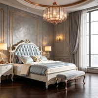 Lit de style rococo français en bois massif, tête de lit capitonnée en cuir bleu clair, sculpté, pour chambre à coucher (tailles King et Queen)