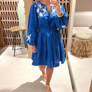 Elegante Vestido de Lino y Algodón con Cuello en V, Casual, Bordado, de Manga Corta, Mini Vestido de Verano para Mujer - Product Image 4