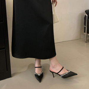 2024 New Pointed Rhinestone High-heeled Champagne-colored Sandals Half-tow Outer Wear Women's in Stock 35-40 - Product Image 3