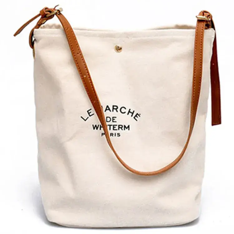 Printed Design Custom Logo Color Cotton Canvas Beach Shopping Tote Bag With Brown Leather Handles