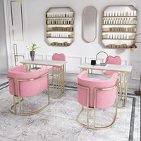 Ensemble table et chaise de manucure en velours marbré de luxe léger, avec cadre en métal doré, bureau à ongles écologique pour salon de beauté