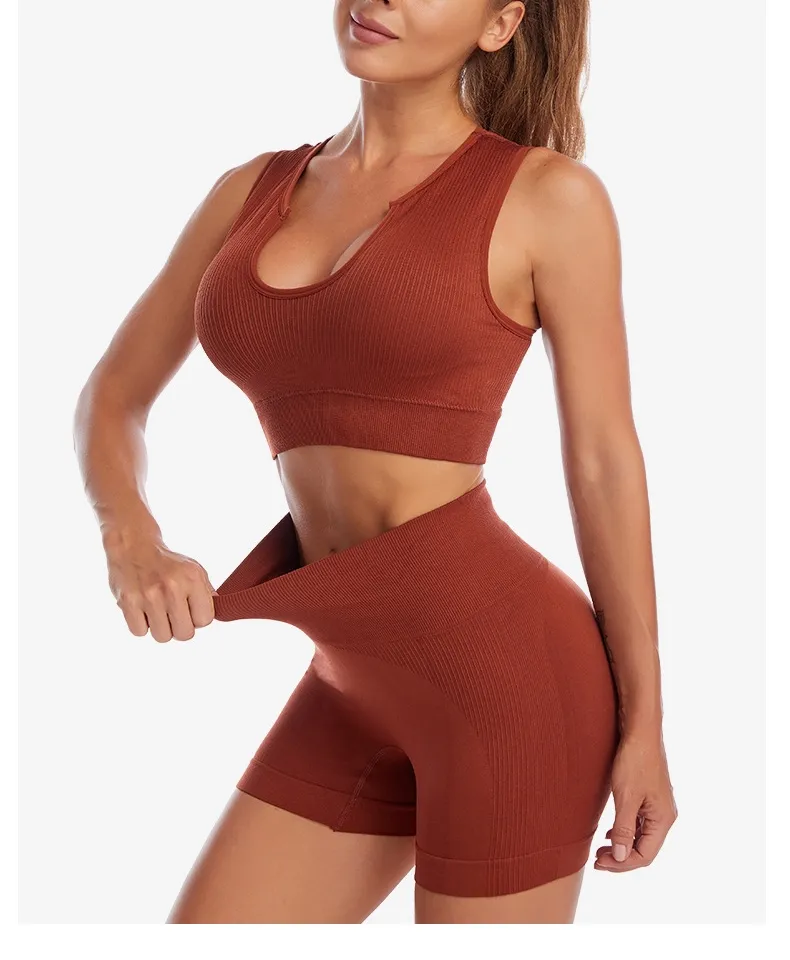 Conjunto sexy de Sujetador deportivo para mujer, pantalones de yoga sin costuras, 2 trajes de gimnasio de dos piezas, Top corto sin mangas para gimnasio activo W