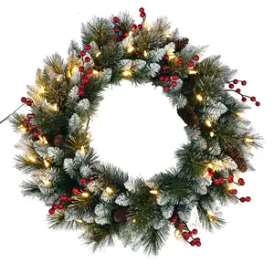 अनुकूलन कृत्रिम धातु फ्रेम 24 इंच पाले सेओढ़ लिया जामुन पाइन शंकु पाइन सुई और सभी मौसमों के लिए पीवीसी एलईडी क्रिसमस माल्यार्पण - Product Image 1