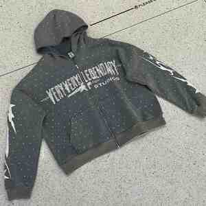 Factory Custom Embroidery Patch Printing Rhinestone Acid Wash Full Zip up <b>Hoodie</b> for <b>Men</b> Heavyweight French Terry Winter XL Size - Product Image 2