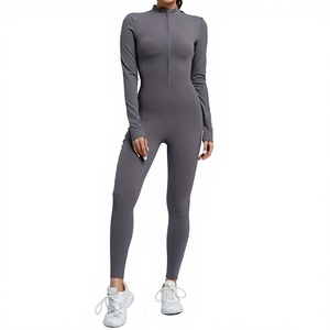 Combinaison longue grise pour femme à manches longues et taille haute avec fermeture éclair, coupe ajustée, en Spandex et Polyester, idéale pour le yoga - Product Image 1
