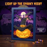 Topi Penyihir Labu Halloween Plastik ABS DIY Mainan Blok Bangunan Model Perakitan Bingkai Foto Lukisan Puzzle 3D Dekorasi Liburan