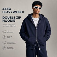 Sweat à capuche zippé double fermeture éclair en molleton bouclette 445 GSM, couleur unie, coupe ample, style streetwear, pour hommes, vente en gros OEM
