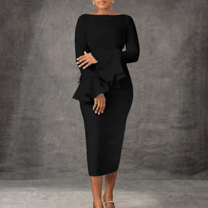 Abito Aderente Monocolore alla Moda con Maniche a Campana per Donne, Perfetto per l'Ufficio, Collezione Invernale, Stile Africano - Product Image 4