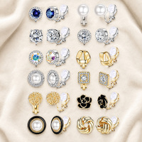 Gemischte Stile Kristall-Strass-Perlen-Blumen-Clip-Ohrringe ohne Piercing, Gold-Silber-Farbe, Brautschmuck für Damen, Geschenk