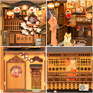 CuteBee Artisanat fait main sur le thème japonais, thème <span class=keywords><strong>Sakura</strong></span>, bricolage, bibliothèque miniature avec lumière, veilleuse, modèle de maison de poupée, à utiliser comme cadeau - Product Image 4
