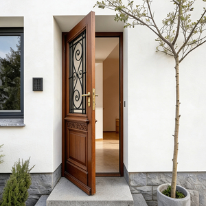 Porte extérieure moderne GA-18G en bois massif avec insert moulé et verre décoratif en fer forgé - Product Image 3