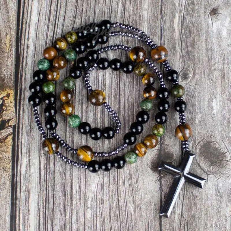 ST0758 Natural Black Onyx Healing Crystal Necklace-Tiger's Eye Spiritual Hematite Cross Pendant Rosary Necklace Men