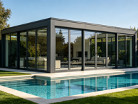 Véranda moderne à toit plat électrique rétractable en alliage d'aluminium avec double vitrage trempé Low-E insonorisé pour usage résidentiel