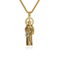 Collier Pendentif Hip Hop Saint Jude en Zircon, Acier Inoxydable, Bijou de Mode Chrétien Catholique pour Hommes