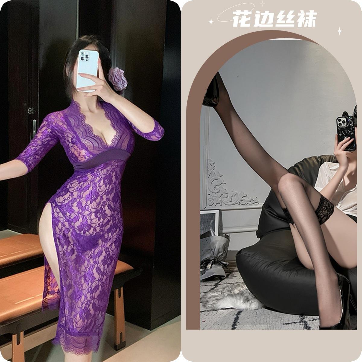 Purple long dress + T pants + black stockings